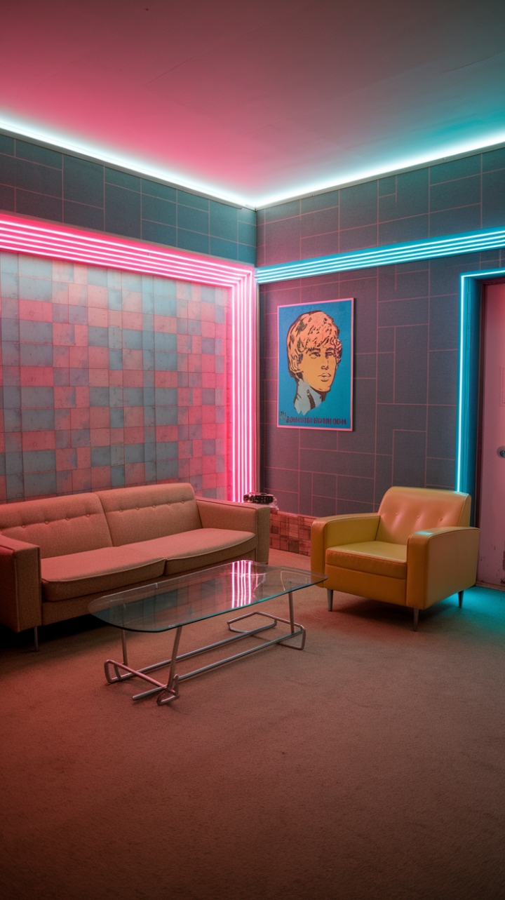 Relive the radical decade in this totally tubular living room! Bold geometric wallpaper, a sunny yellow armchair, and a beige sofa create a retro haven. Neon lights pulse with 80s energy, complementing a striking pop art print and a chic glass coffee table. Prepare for a serious dose of nostalgia.