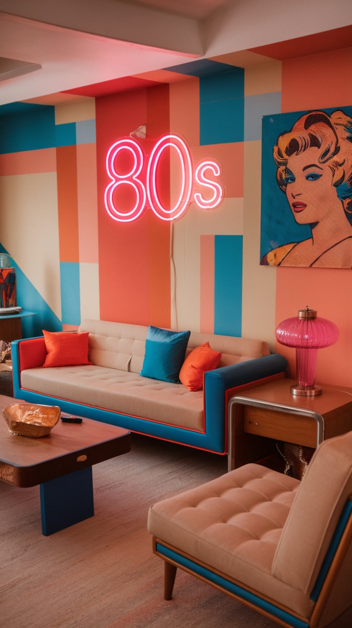 Step into a vibrant homage to the 1980s with this retro-inspired living room. The beige sofa, accented by striking orange and blue cushions, invites relaxation amidst a bold geometric wall pattern that seamlessly blends shades of orange, blue, and beige. A pink glass lamp casts a warm glow over the wooden coffee table and cozy beige armchair, creating a perfect balance of playful color and vintage charm. The neon "80s" sign above the sofa adds a nostalgic glow, while a pop art portrait of a woman with a vivid blue background injects a touch of artistic flair. This space radiates bold personality and nostalgic allure, capturing the essence of a colorful, era-defining aesthetic.