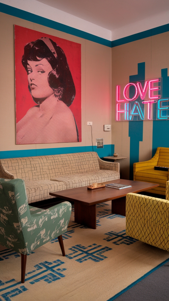 Dive headfirst into the electrifying energy of the 80s with this retro-fabulous living room. A large-scale pop art masterpiece sets the stage, its vibrant hues mirrored in the playful mix of patterned furniture and a neon "Love/Hate" sign that perfectly captures the decade's duality. Beige walls with blue stripes provide a sophisticated backdrop to this bold and unforgettable space, a testament to the era's unique aesthetic.