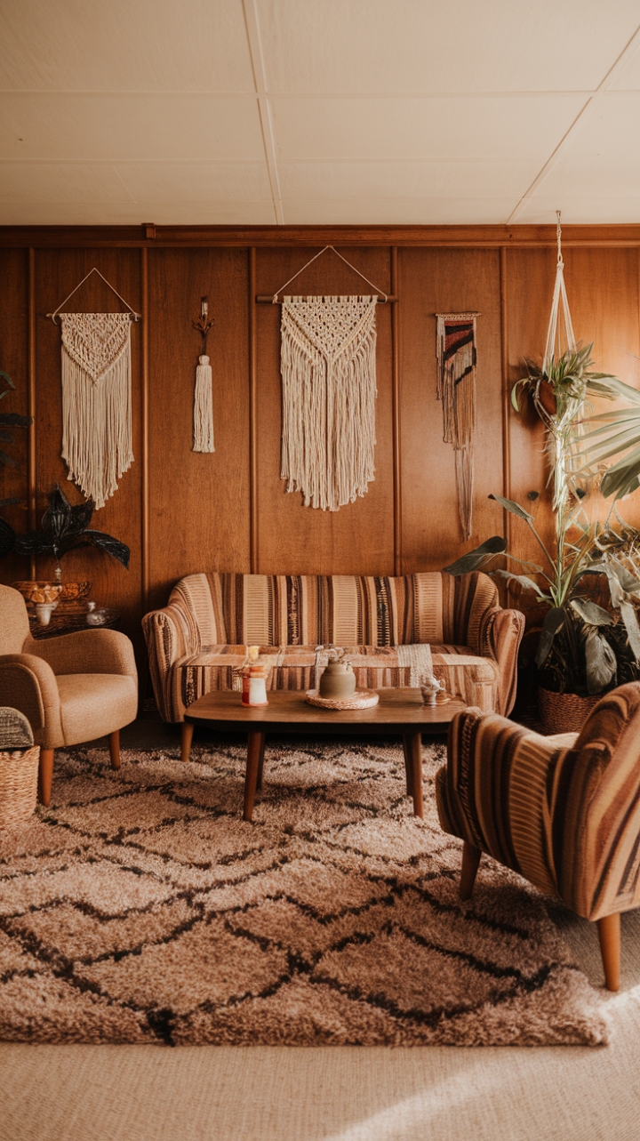 A captivating 70s-inspired bohemian living room radiates warmth and personality, where plush shag rugs and rich wood paneling create a cozy, inviting atmosphere. Vintage furniture pieces—an eclectic sofa, armchair, and coffee table—are upholstered in bold patterns and earthy hues, adding a vibrant yet grounded charm. Macramé accents, from intricate wall hangings to hanging plants, infuse the space with handcrafted artistry and texture. Sunlight floods the room, highlighting the layered textures and eclectic details that make this space a nostalgic yet timeless retreat.