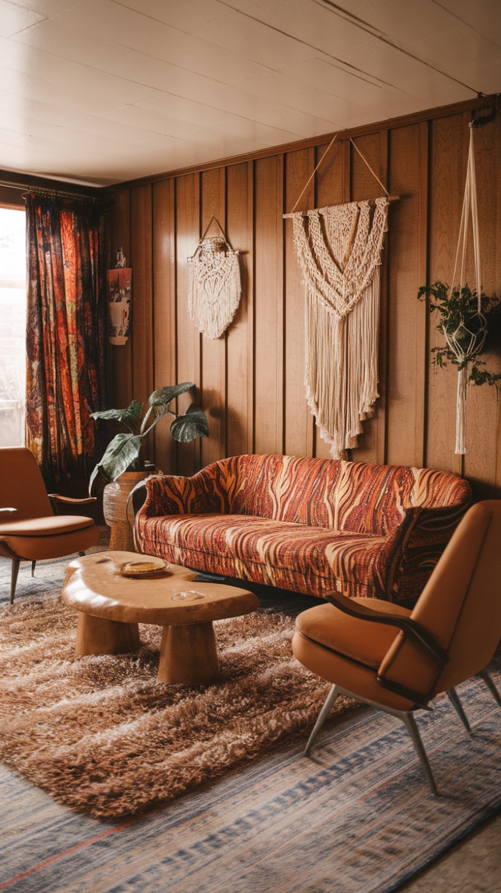 Step back in time with this groovy 70s living room, where bohemian vibes meet retro cool. Rich wood paneling sets the stage for a vintage sofa boasting a bold, eye-catching pattern, perfectly complemented by a plush shag rug underfoot. Macramé accents and uniquely shaped furniture add layers of texture and personality, creating a space that's both effortlessly stylish and wonderfully nostalgic. Earthy tones and curated vintage pieces complete this effortlessly chic retreat.