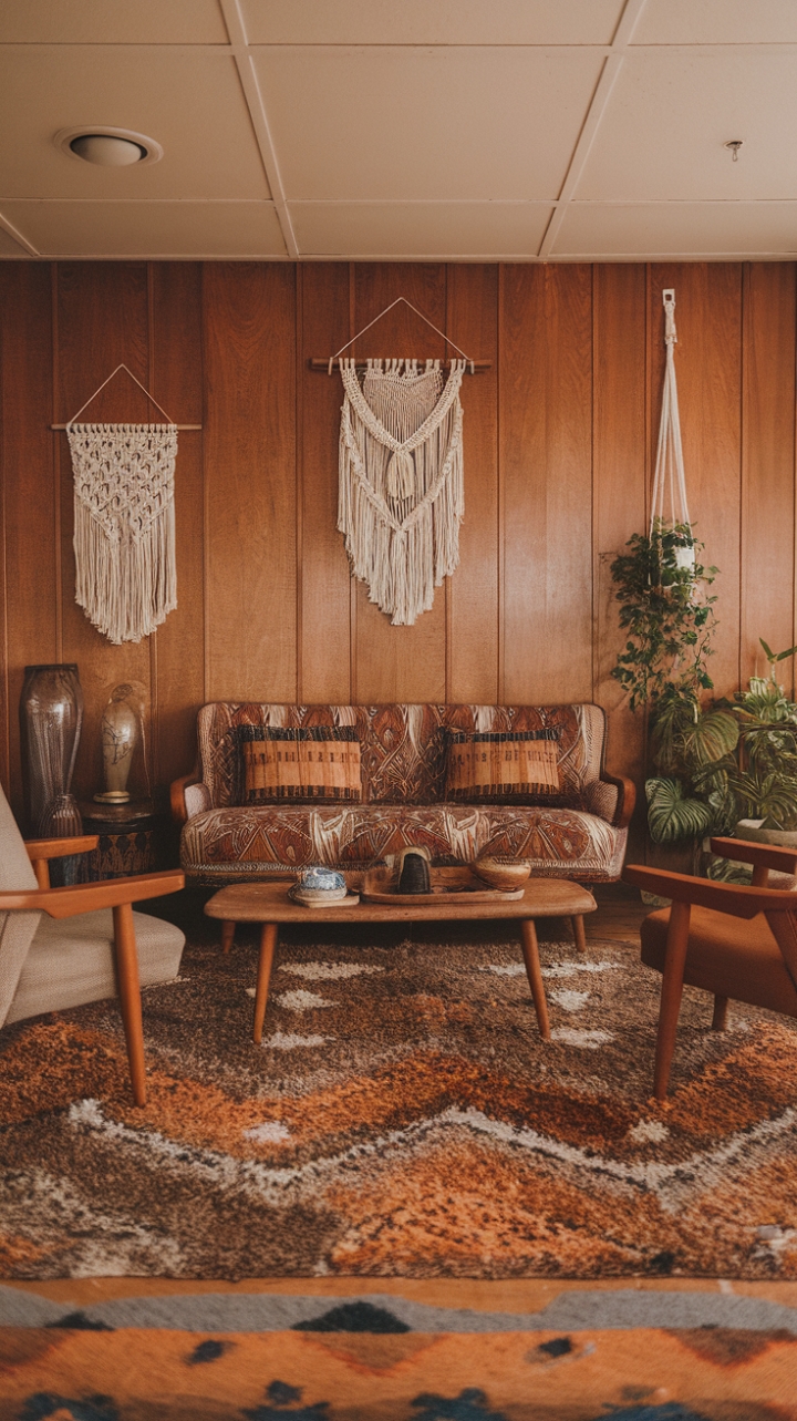 Unwind in the embrace of this retro-chic bohemian living room. Vintage finds, from the boldly patterned sofa to the eclectic coffee table, are artfully arranged against a backdrop of warm wood paneling. Macramé accents add a touch of handcrafted artistry, while the plush shag rug invites you to sink your toes into pure 70s bliss. The earthy color palette and inviting atmosphere create a space that's both stylish and supremely comfortable.