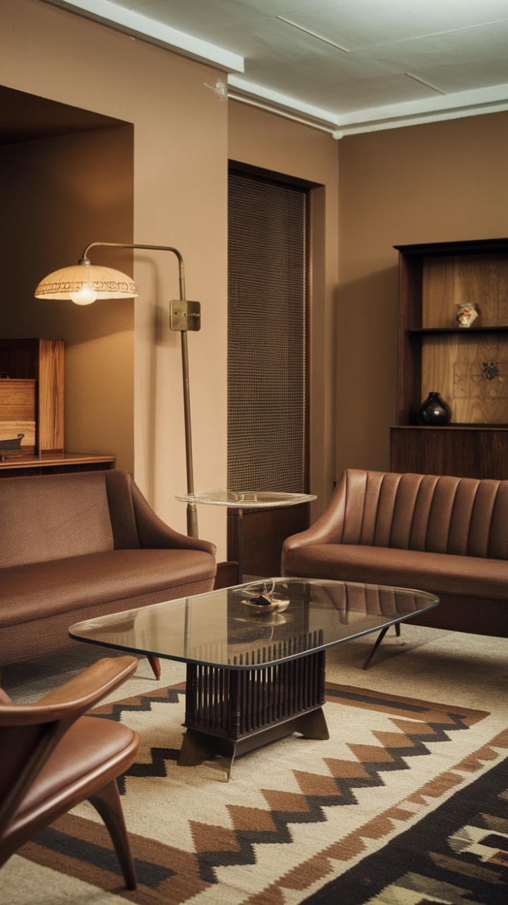 Ready for a trip back in time? This vintage living room is a masterclass in mid-century cool. Sink into the embrace of a curved brown sofa, its lines whispering tales of a bygone era. A sleek glass coffee table with a black base anchors the space, while a classic wooden chair offers a quiet corner for contemplation. The warm glow of a vintage lamp, its brass base and patterned shade a true statement piece, illuminates the room's rich palette of browns, blacks, and beige. A geometric rug underfoot adds a playful touch to the nostalgic design. This is a space that feels both curated and lived-in, a perfect blend of comfort and timeless style.
