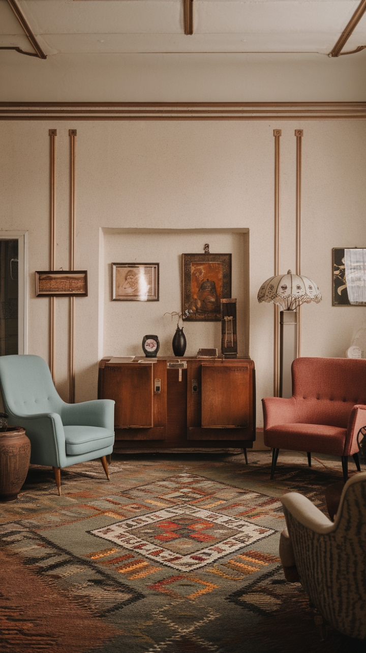 Embrace the golden age of design in this exquisitely styled vintage living room. Retro furniture and carefully chosen accessories create a space that's both effortlessly chic and deeply nostalgic. The interplay of light and shadow, the subtle pattern of the rug, and the warm glow of the vintage lampshade all contribute to an atmosphere of relaxed sophistication. A perfect blend of classic and contemporary, this room is an invitation to unwind and appreciate the beauty of enduring style.
