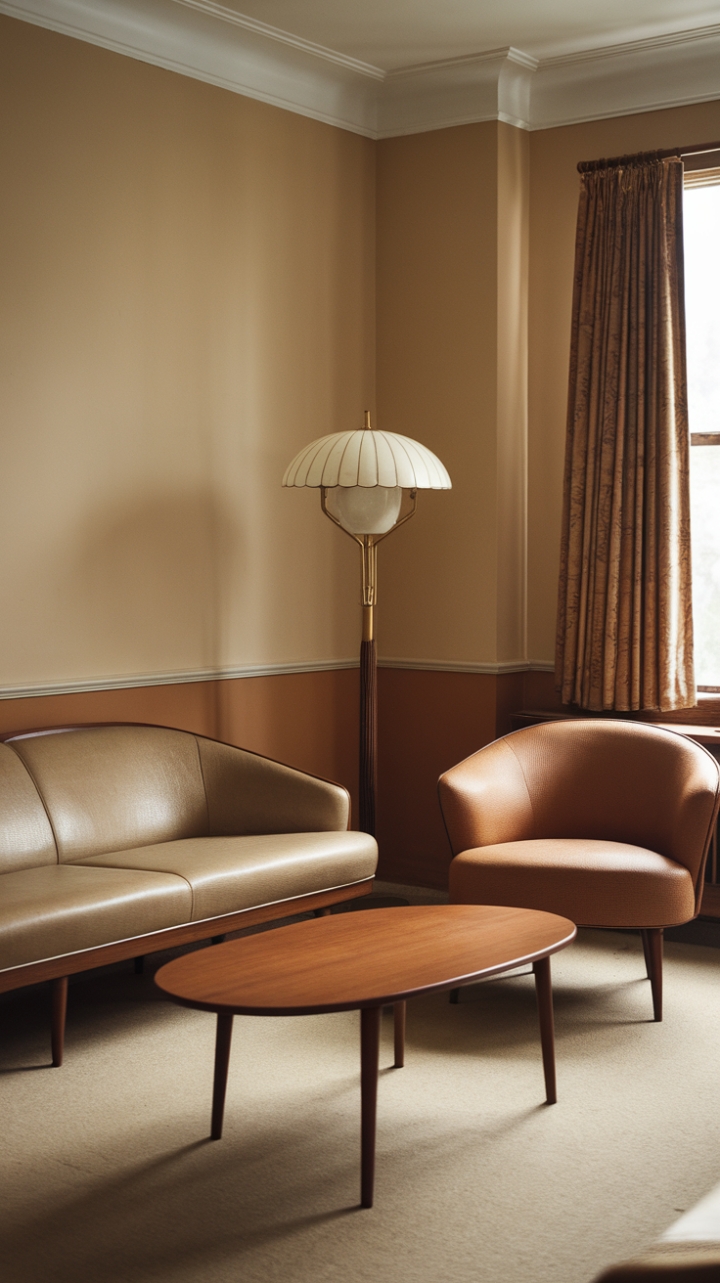 Step back in time with this effortlessly chic mid-century living room. The creamy beige palette, punctuated by warm tan accents and gleaming wood, creates a haven of sophisticated nostalgia. Sink into the plush sofa, let the vintage lamp cast its gentle glow, and revel in the timeless elegance of this perfectly curated space.