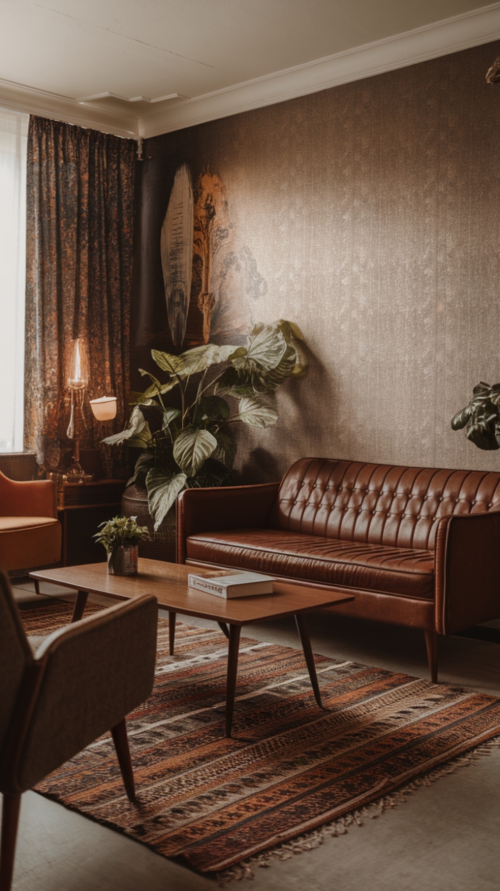 A captivating blend of nostalgia and modern sophistication, this vintage-inspired living room exudes timeless charm. The rich brown leather sofa invites relaxation, complemented by a sleek wooden coffee table that anchors the space. Textured wallpaper adds depth and character to the walls, while a patterned rug introduces a touch of retro flair. Potted plants breathe life into the scene, their lush greenery contrasting beautifully with the warm, soft lighting that creates an inviting, cozy ambiance. This classic-modern fusion showcases a thoughtfully curated space where mid-century elegance meets nostalgic comfort.