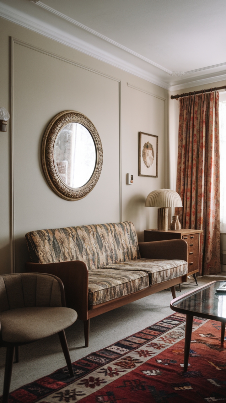 Ready to be transported? This living room is a masterclass in modern vintage, where the best of both worlds collide. A light and airy backdrop sets the stage for a curated collection of retro-inspired treasures. Sink into the embrace of a mid-century modern sofa, its vintage pattern a playful nod to the past. A captivating round mirror with a decorative frame adds a touch of old-world glamour, while carefully placed vintage accents – a charming lamp here, a characterful side table there – weave a story of timeless style. This is an eclectic dream, a classic modern fusion that feels both nostalgic and utterly now.