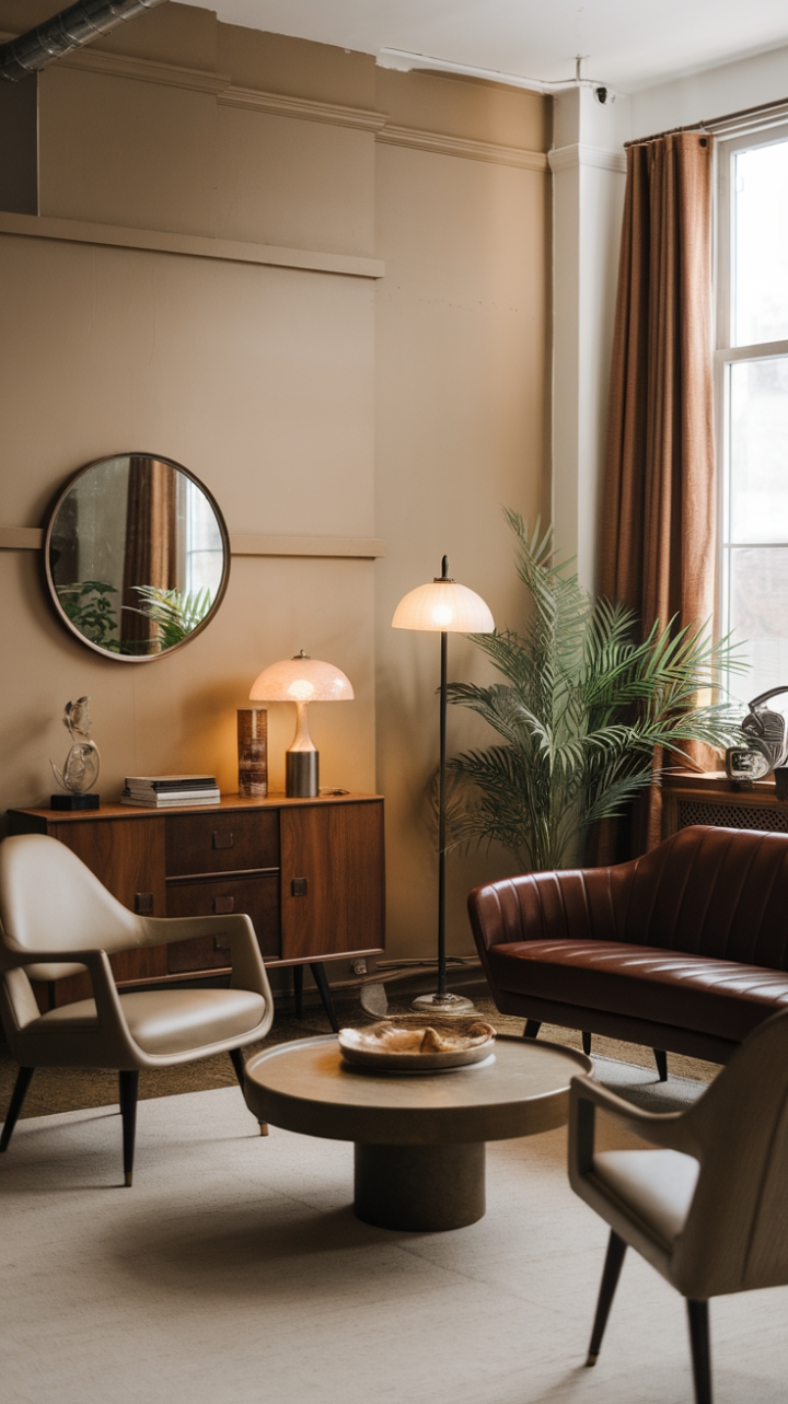 Step back in time with this effortlessly chic living room, where mid-century modern meets vintage charm. A symphony of textures and curated finds—from the curvaceous sofa to the statement round mirror—create a space that's both sophisticated and inviting. The warm beige walls act as a perfect backdrop for the eclectic mix of furniture and accessories, proving that classic and contemporary can coexist beautifully.
