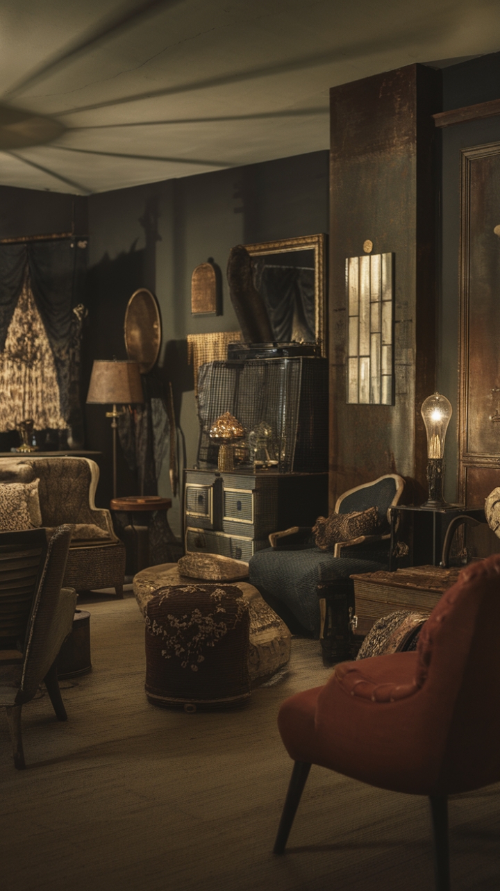 A captivating vintage living room exudes timeless charm with its moody, dark palette and rich textures. Antique decor and retro furniture create a nostalgic ambiance, while rustic accents add warmth and character. Vintage textiles drape softly over distressed finishes, enhancing the room’s sense of history. Moody lighting from carefully placed lamps casts gentle shadows, inviting a cozy, contemplative atmosphere that celebrates the beauty of bygone eras.