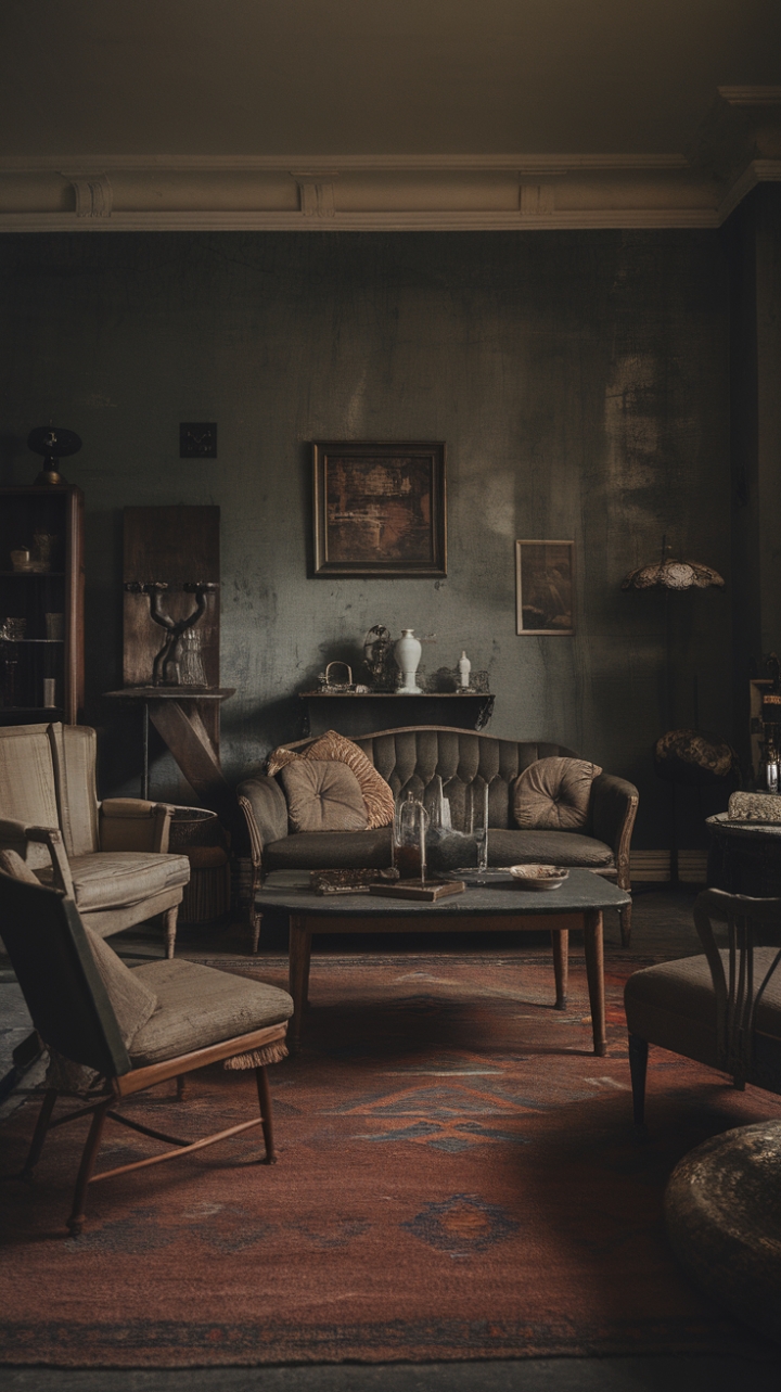 Ready for a journey back in time? This living room whispers tales of a bygone era, wrapped in a moody embrace. A symphony of dark hues sets the stage, where antique treasures and retro finds mingle with rustic charm. Sink into the plush sofa or the inviting chair, resting your drink on the character-filled coffee table or the charming side table. The walls, with their beautifully distressed finish, tell stories of years gone by. Vintage textiles, from the richly patterned rug to the inviting pillow, add layers of warmth and history. Bathed in moody light, this space is a nostalgic dream, a perfect retreat for quiet contemplation and timeless style.