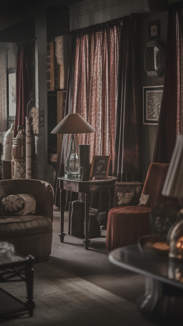 Step into a sanctuary of vintage allure, where shadows dance with the gleam of antique brass and the whisper of faded textiles. Rich, dark hues embrace a curated collection of retro furniture and rustic accents, creating a moody atmosphere ripe with nostalgic charm. Every detail, from the distressed finishes to the thoughtfully placed lamplight, speaks to a bygone era of sophisticated elegance.