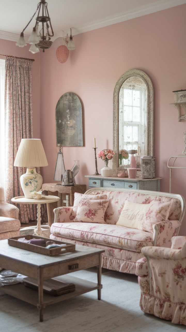 Ready for a dose of romantic charm? This living room is a dreamy escape, bathed in soft pastels and overflowing with vintage treasures. Sink into the floral embrace of the distressed sofa, where stories of generations past seem to linger. A weathered wooden coffee table, bearing the beautiful marks of time, anchors the space. Look closely and you'll find delightful details: a vintage lamp casting a warm glow and a rustic mirror reflecting the room's gentle beauty. The soft pink walls create a cozy, cottage-like atmosphere, making this space feel like a warm hug. It's a perfect blend of rustic charm and timeless elegance, a true sanctuary for the soul.
