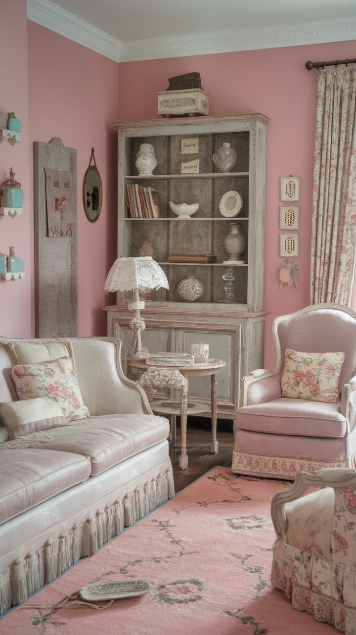 Step into a haven of shabby-chic serenity, where soft pink walls whisper tales of bygone eras. Distressed furniture, adorned with floral accents and vintage charm, creates a living room that's both elegant and effortlessly relaxed. Antique lamps cast a warm glow, highlighting the rustic bookshelf brimming with treasured keepsakes. Every detail, from the floral-patterned rug to the delicate cushions, speaks to a love of vintage aesthetics and a commitment to creating a space that's uniquely yours. This is more than just a room; it's a sanctuary of rustic elegance.