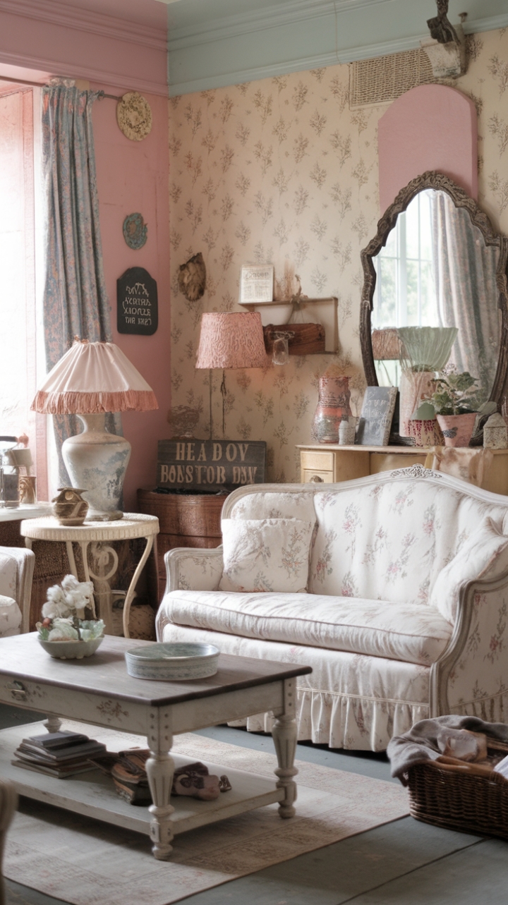 Ready for a dose of romantic charm? This living room is a dreamy escape, bathed in soft pastels and overflowing with vintage treasures. Imagine sinking into that floral-patterned sofa, a cup of tea in hand, surrounded by the gentle patina of a distressed coffee table and the sweet scent of nostalgia. Every detail, from the frilly lamp shade to the antique mirror and the charming floral wallpaper, whispers tales of a simpler time. It's a cozy cottage haven, complete with a welcoming rug underfoot and delightful vintage accessories that add personality and warmth. This is shabby chic at its most enchanting, a space designed for comfort, beauty, and a touch of whimsical romance.