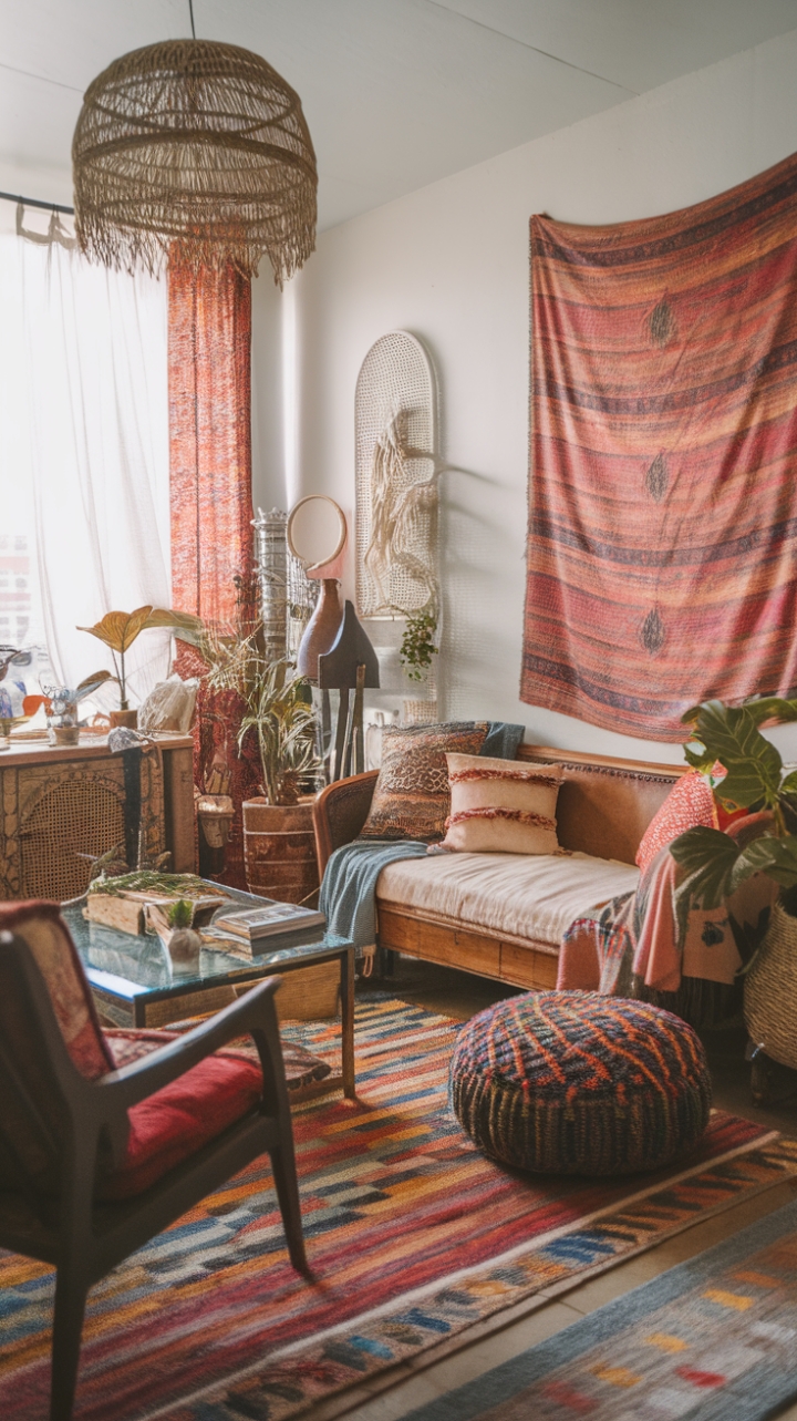 Ready to step into a living room that feels like a warm hug and a treasure hunt all at once? This space is a masterclass in boho vintage charm, where every piece tells a story. Imagine sinking into that vintage sofa, surrounded by a riot of color and texture. The eclectic mix of antique furnishings and retro accents creates a truly unique vibe, while the rustic touches ground the space with a sense of history. Look closer and you'll discover a symphony of textiles – a vibrant rug underfoot, plush cushions inviting you to linger, and a captivating tapestry adding a touch of wanderlust to the wall. And of course, no boho haven is complete without a touch of green, with plants breathing life into every corner. It's a room that's both curated and comfortable, a true reflection of a life well-lived and beautifully decorated.