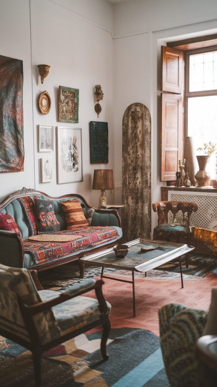 Ready to step into a living room that tells a story? This bohemian vintage haven is a masterclass in curated cool. A vintage sofa, draped in a riot of vibrant textiles, invites you to sink in and stay a while. A retro coffee table and antique treasures add layers of history and charm, while a rustic piece by the window brings a touch of earthy grounding. The walls are a gallery of personal expression, each art piece adding to the room's rich tapestry. Below, a playful mix of patterns and textures underfoot creates a foundation of pure personality. This is a space that feels lived-in, loved, and utterly unique.