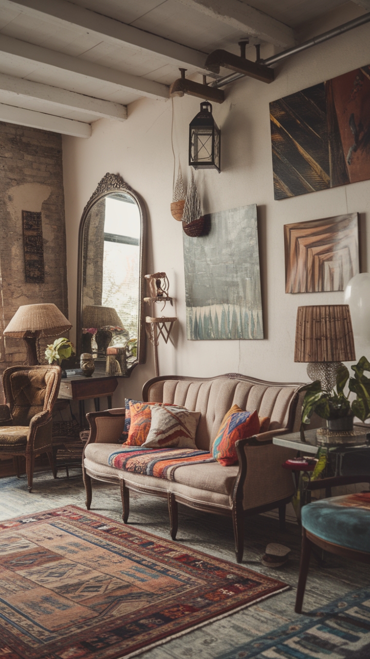 Step into a bohemian haven where vintage charm meets eclectic flair. A vibrant patterned rug anchors a cozy vintage sofa, adorned with a cascade of colorful pillows. Exposed beams and a rustic brick wall provide a captivating backdrop to the curated collection of artwork, a majestic mirror, and a softly glowing lantern. A vintage armchair invites quiet contemplation, while a corner table, styled with a verdant plant and a warm lamp, adds a touch of lived-in luxury. This isn't just a living room; it's a sanctuary of style.