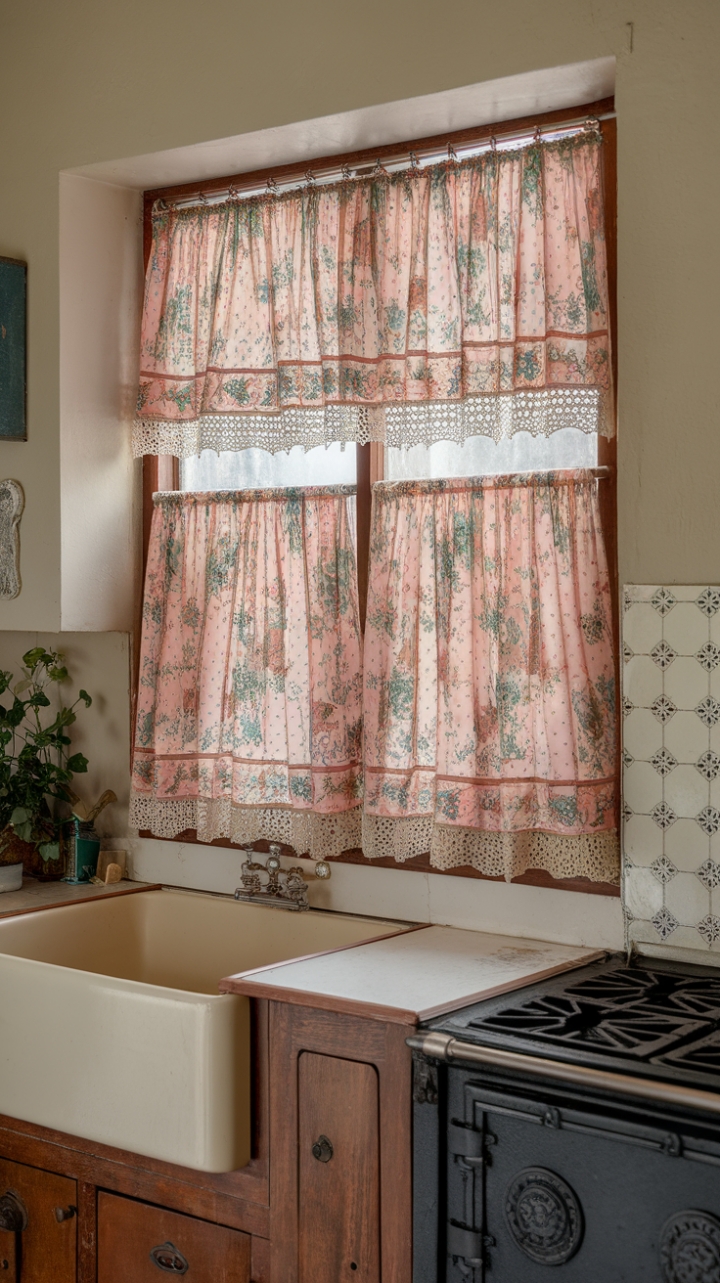 A charming vintage kitchen scene comes to life with a delicate floral curtain featuring soft pinks, blues, and greens, edged with intricate lace that adds a touch of nostalgic elegance. The window frames a cozy nook where a lush green plant thrives, infusing the space with freshness. The warm beige walls complement the rich wooden cabinetry, while the ceramic sink and cast iron stove evoke timeless craftsmanship. This inviting setting captures the essence of retro charm, blending functional beauty with a romantic, lived-in feel.
