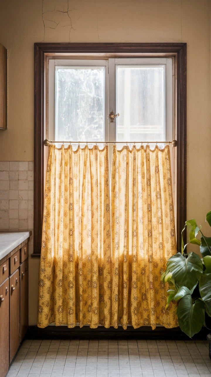 A charming vintage kitchen exudes nostalgic warmth through its retro window treatment—a delicate yellow floral curtain softly filtering sunlight, casting a golden glow across the space. The weathered wooden window frame with subtle cracks adds character, complementing the beige walls and rustic wooden cabinet. A lush green plant introduces a touch of nature, while the tiled floor grounds the scene with timeless appeal. This inviting kitchen captures the essence of cozy, lived-in charm with a hint of retro elegance.