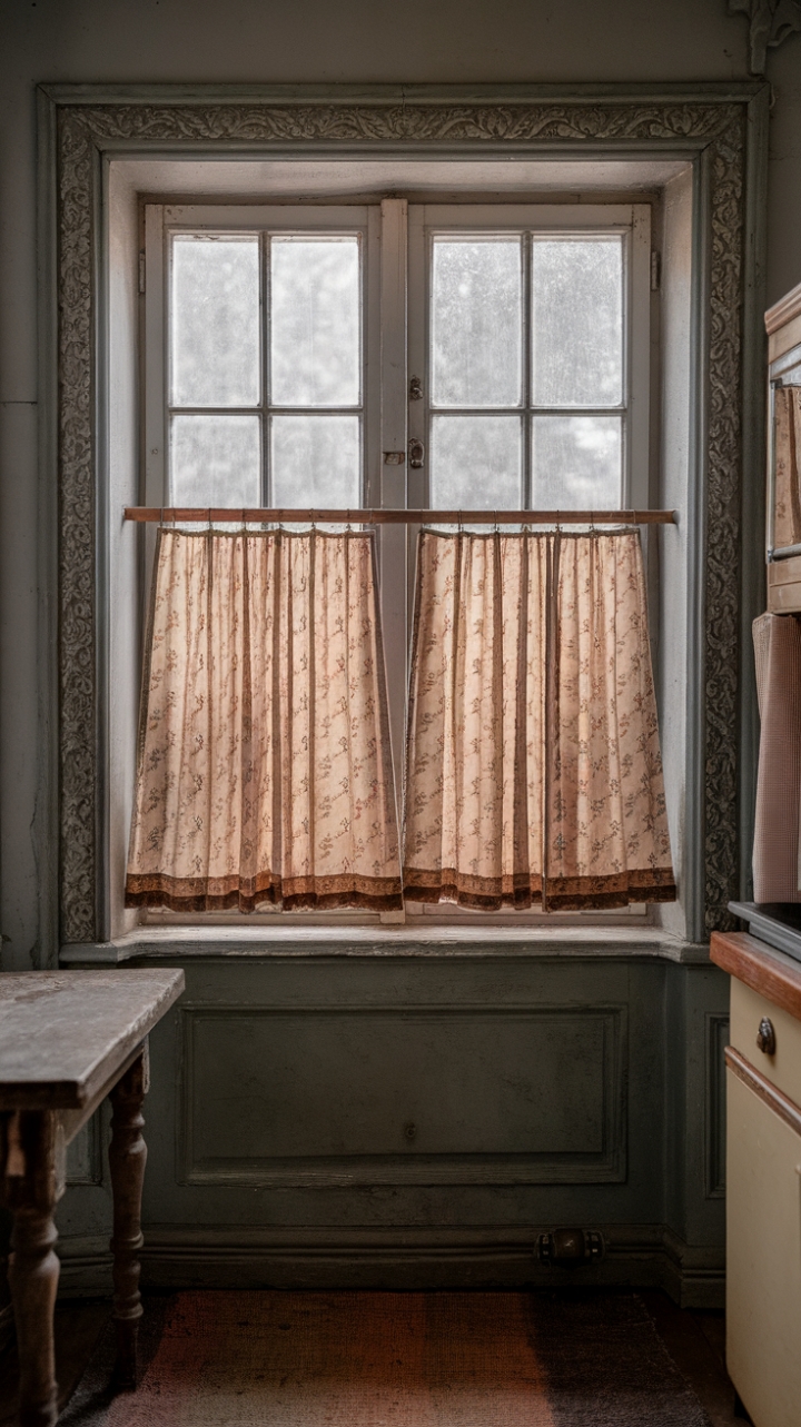 Embrace the shabby chic allure of this kitchen, a haven of vintage delights. Antique cafe curtains, adorned with a delicate floral print, soften the light filtering through the ornately molded window. The scene is completed by a distressed wooden table and worn rug, creating a space that's both effortlessly stylish and deeply comforting.