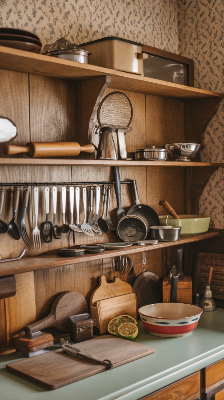 Embrace the rustic charm of a bygone era in this vintage kitchen, a delightful tableau of antique kitchenware. A curated collection of retro cookware, classic tools, and vintage cutlery creates a captivating display of nostalgic beauty. Imagine the delicious aromas that once filled this space, conjured by the very utensils you see before you – a wooden rolling pin, a silver-plated silverware set, and a retro mixing bowl, all nestled amongst a floral wallpaper backdrop.