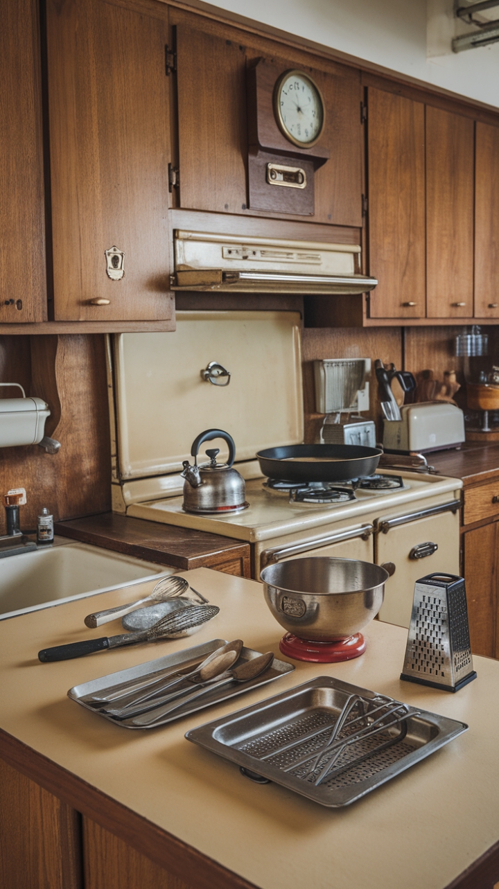 Step back in time with this charming vintage kitchen, where warm wood cabinets and a retro sink whisper tales of bygone baking sessions. A vintage stovetop, brimming with a kettle and pan, sets the scene for culinary adventures, while a retro mixer, gleaming silverware, and antique tools hint at countless recipes brought to life. Every detail, from the wall clock to the can opener, speaks to a simpler era of homemaking, inviting you to imagine the stories held within these aged walls.
