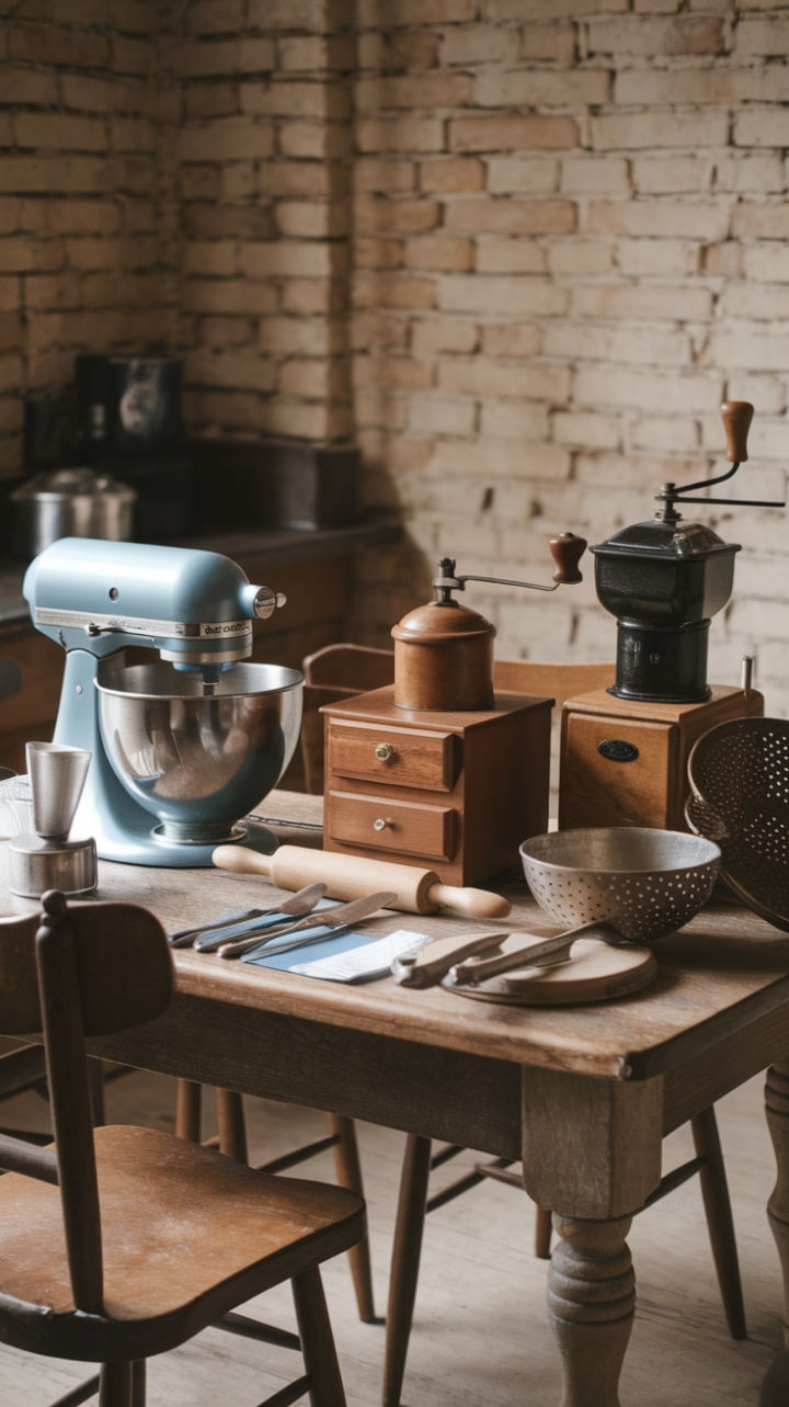 Step into a charming vintage kitchen where timeless character meets nostalgic elegance. A sturdy wooden table, adorned with an eclectic collection of antique kitchen utensils and gadgets, invites a sense of history and craftsmanship. Retro mixers and vintage coffee grinders evoke the warmth of bygone mornings, while a classic rolling pin and nostalgic bread knife hint at homemade delights. Silverware sets and retro mixing bowls add a touch of refined charm, complemented by a vintage colander that speaks to culinary traditions. The rustic brick wall in the background provides a textured, earthy backdrop, creating a cozy, inviting atmosphere that celebrates the beauty of vintage design and culinary heritage.