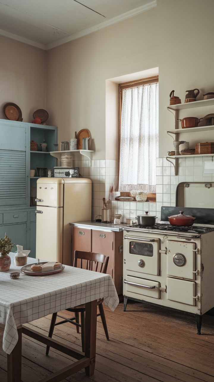 Embrace the allure of yesteryear in this idyllic vintage kitchen. Whitewashed walls and warm wood floors create a serene backdrop for a symphony of rustic details: a vintage stove simmering with culinary secrets, a well-stocked refrigerator hinting at delicious treats, and charming cabinets overflowing with cherished kitchenware. This isn't just a kitchen; it's a sanctuary of warmth, comfort, and timeless style.