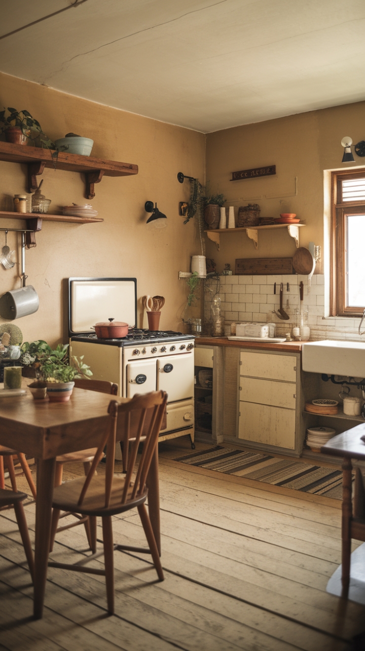 A charming vintage kitchen exudes warmth and nostalgia, where rustic farmhouse charm meets timeless appeal. The wooden table and chairs invite gatherings filled with laughter and shared stories, while the open wooden shelf showcases curated kitchen essentials and potted greenery, adding a touch of life. The vintage stove and classic sink evoke a bygone era, complemented by beige walls that create a cozy backdrop. Scattered cooking utensils like a colander, pan, and bowl lend an authentic, lived-in feel, enhanced by the soft, warm lighting that bathes the space in a welcoming glow. Wooden plank flooring completes this idyllic retreat, blending practicality with nostalgic beauty.