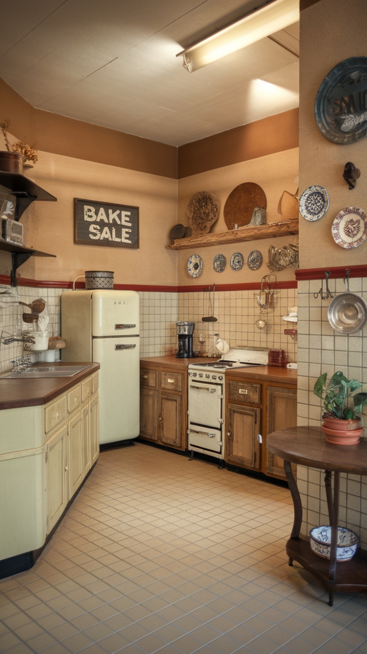 Ready for a kitchen that whispers stories of generations past? This vintage charmer is a masterclass in retro-rustic design, where warm beige and rich brown hues create an inviting embrace. Imagine the aroma of freshly baked goods wafting from that antique stove, the hum of the classic refrigerator, and the satisfying clink of dishes in the timeless sink. Wooden cabinets hold treasures, while a beige tiled floor grounds the space with enduring style. Whimsical touches like the "Bake Sale" sign and decorative plates add personality and warmth. A potted plant on the corner table brings a touch of life, all bathed in the soft, golden glow of warm lighting. This is a kitchen that feels like coming home.