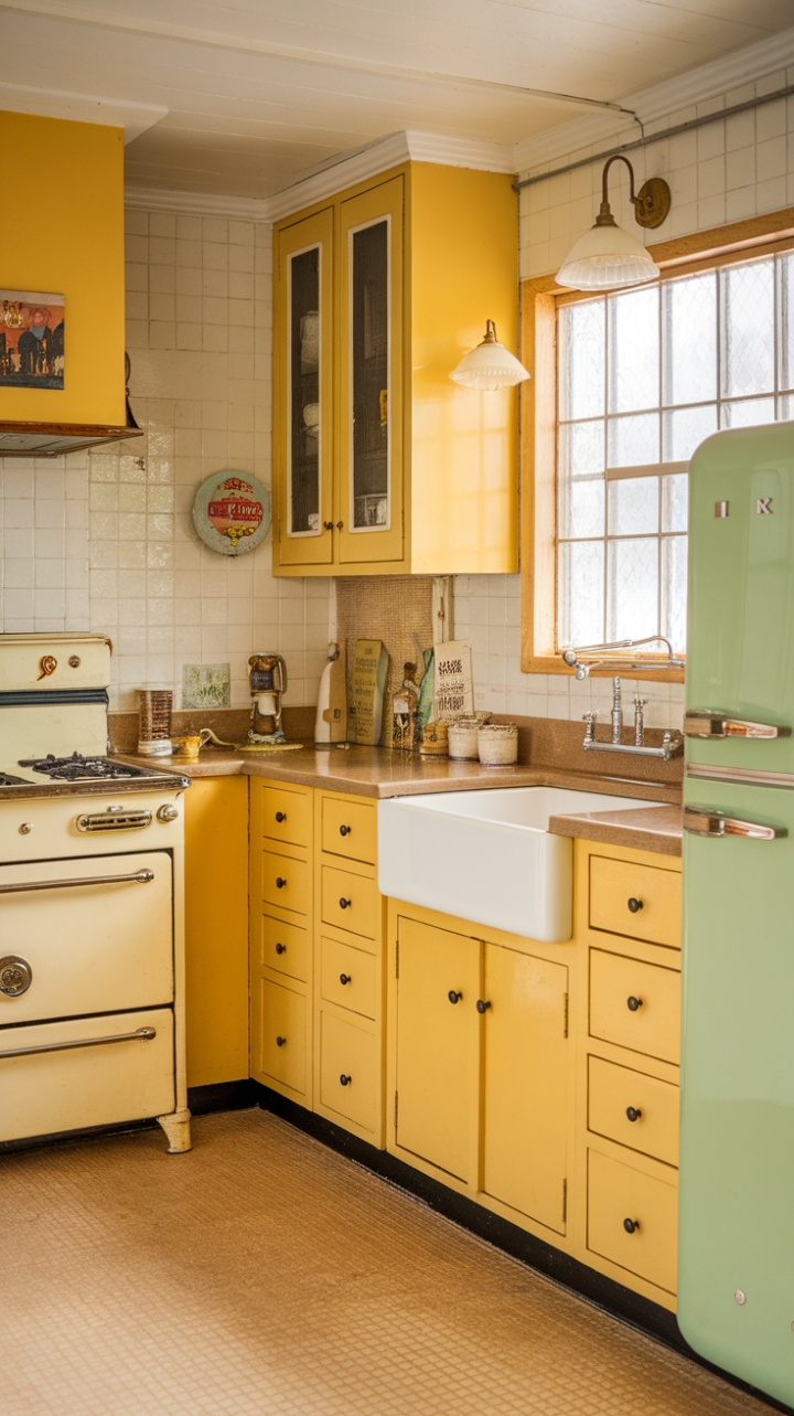 A charming vintage yellow kitchen radiates nostalgic warmth with its cheerful mid-century design. Retro yellow cabinetry pairs beautifully with a classic green refrigerator, creating a lively color palette that feels both timeless and inviting. An antique stove and a white sink add authentic charm, while the beige Formica countertop offers a subtle contrast. The beige and white checkered tiled floor enhances the playful, retro vibe, complemented by a vintage lampshade that casts a soft, nostalgic glow. This space captures the essence of sunny, nostalgic living with a perfect blend of history and style.