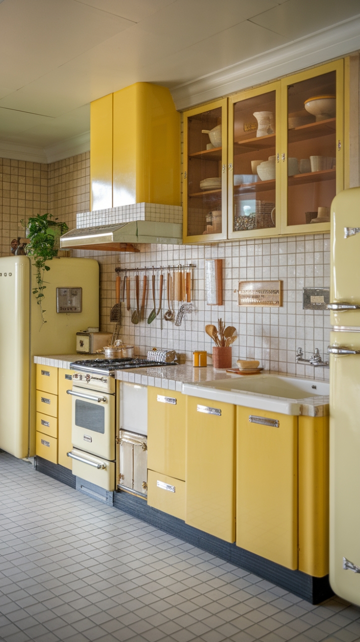 Ready for a dose of sunshine and nostalgia? This vintage yellow kitchen is a delightful trip back in time! Bathed in a warm, cheerful glow, the yellow cabinetry and retro mid-century design create an inviting space that feels both vibrant and comforting. Every detail, from the classic appliances to the charming vintage decor and the pop of green from the plant, tells a story. The tiled floor and walls add to the authentic feel, making this kitchen a truly sunny and nostalgic heart of the home.