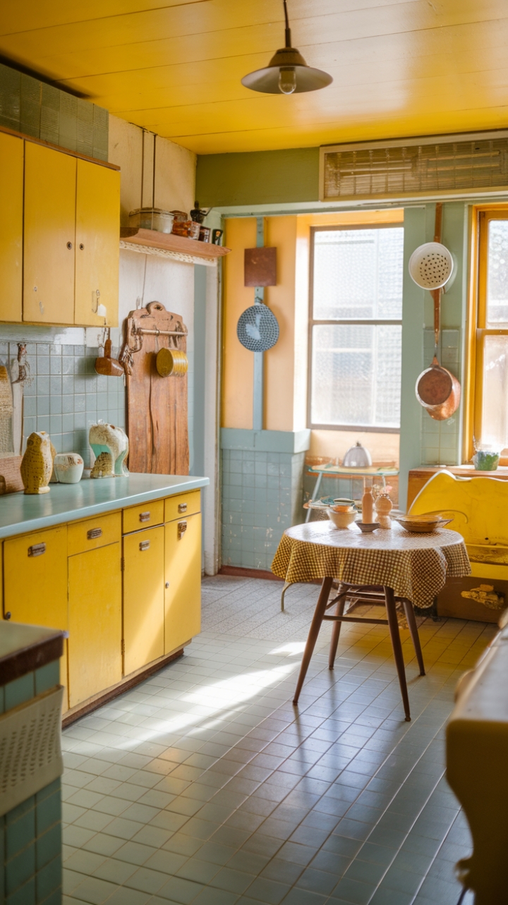 Step back in time with this sun-drenched vintage yellow kitchen, where retro charm meets modern functionality. A cheerful checkered tablecloth adorns a mid-century table, while quirky ceramic owls and a rustic wooden rack add playful personality. Hanging pots and colanders complete the nostalgic ambiance, creating a space that's as delightful as it is functional. The sunny disposition and retro color palette make this kitchen a true heart-warmer.