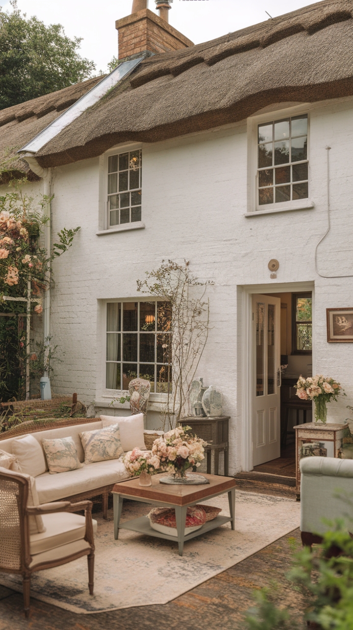 Step into a Fairytale: This vintage English cottage whispers stories of bygone eras with its thatched roof and charming whitewashed walls. Inside, a captivating blend of antique and modern furnishings creates a cozy, shabby-chic haven, perfect for curling up with a good book. Floral accents and a touch of rustic elegance complete the idyllic scene.