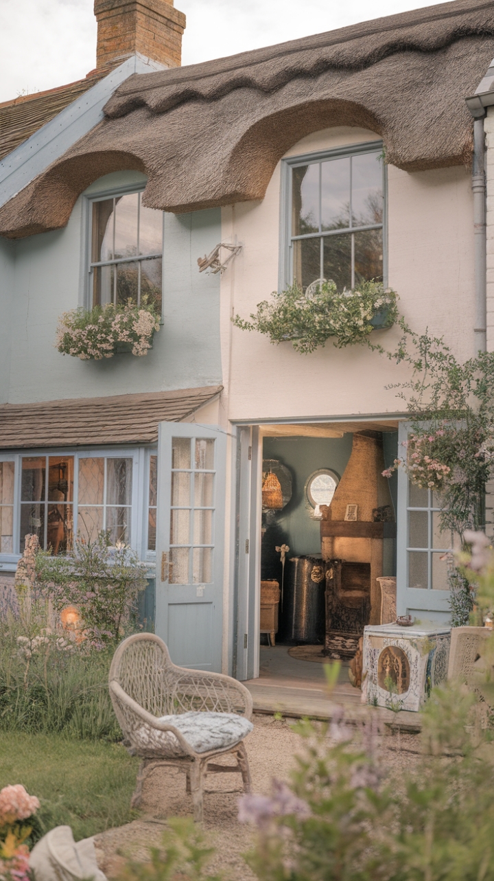 Dreaming of a countryside escape? This enchanting English cottage is straight out of a storybook! Imagine mornings spent in this haven of rustic charm, where soft blues and whites meet a whimsical thatched roof. Inside, a crackling fire awaits in the cozy embrace of a period fireplace, surrounded by country decor that whispers tales of time gone by. Step outside and lose yourself in a garden bursting with blooms and lush greenery, all contributing to that perfectly imperfect shabby chic aesthetic we adore. This is more than just a home; it's a feeling.
