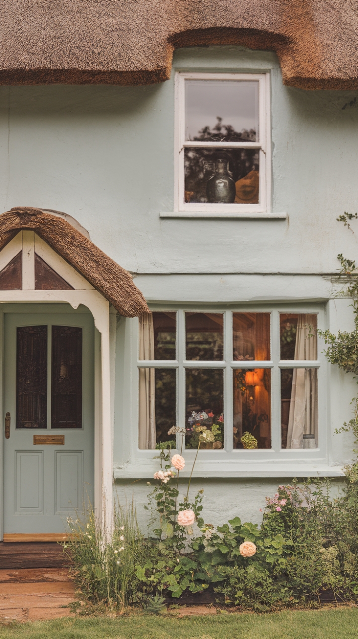 Escape to the English countryside with this idyllic vintage cottage. Its soft blue facade, complemented by pristine white detailing and a captivating thatched roof, creates an enchanting scene. A glimpse of the flourishing garden promises a haven of tranquility within, making this the ultimate retreat for the soul.