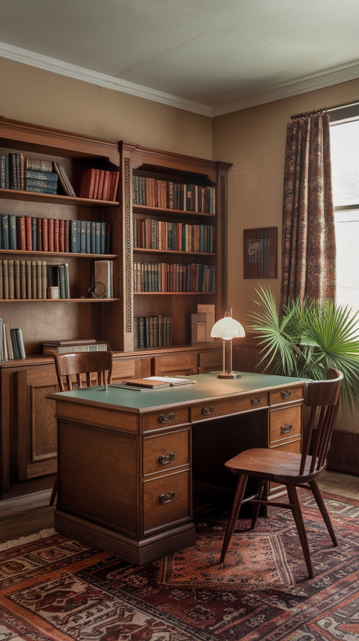 Escape the ordinary in this exquisitely preserved vintage study. Rich wood tones, a striking green desk, and a carefully chosen array of books create an atmosphere of intellectual curiosity and old-world sophistication. The patterned rug adds a playful touch, while the potted plant introduces a refreshing burst of life. This meticulously styled room is a testament to timeless design, offering a sanctuary of calm and inspiration.