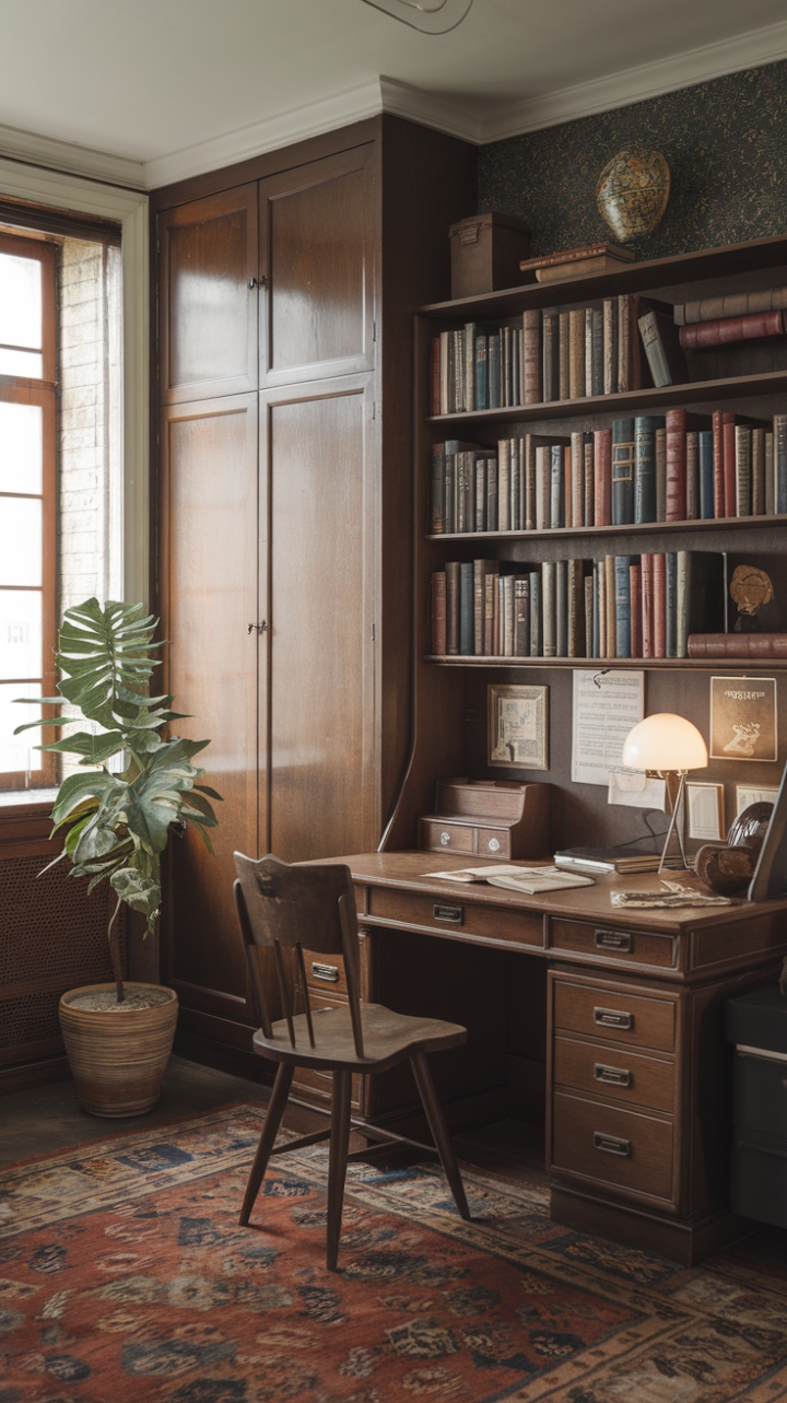 A charming vintage study exudes timeless character, where warm wooden tones and nostalgic details create an inviting retreat. The antique workspace features a sturdy wooden desk paired with a classic chair, while a well-stocked bookshelf invites exploration amid the cozy ambiance. Soft light filters through the window, illuminating a potted plant that adds a touch of nature’s serenity. A patterned rug anchors the space, complemented by a wooden cabinet on the wall that offers both storage and style. This retro-inspired haven seamlessly blends history and comfort, inspiring quiet reflection and creative pursuits.