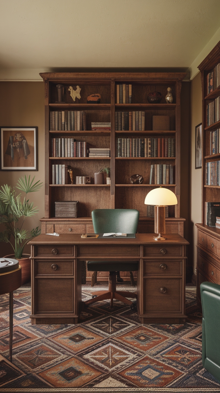 A charming vintage study exudes nostalgic allure with its warm beige walls and thoughtfully curated retro accents. The rich wooden desk paired with a vibrant green chair invites moments of focused creativity, while a vintage lamp casts a cozy glow over the space. A well-stocked bookshelf brimming with timeless tomes adds intellectual charm, complemented by a patterned rug that anchors the room’s inviting atmosphere. A potted plant introduces a touch of nature, and a small table offers practical charm, transforming this space into a perfect sanctuary for reflection and inspiration.