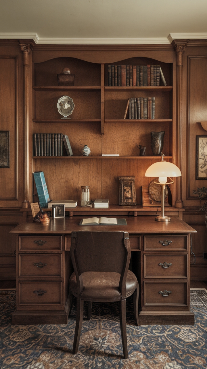Step into a charming vintage study where timeless elegance meets nostalgic charm. The warm glow of an antique desk lamp illuminates a beautifully crafted wooden workspace, complemented by a classic chair that invites long, contemplative hours. Behind the desk, a rich wooden bookshelf brimming with well-loved books and curated decorative accents adds layers of character and history. The room’s retro interior style, with its carefully chosen decor and classic design elements, creates an inviting sanctuary that celebrates the enduring allure of vintage office aesthetics.