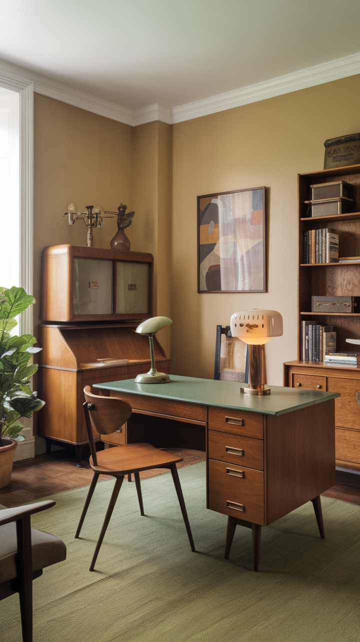 Step back in time with this vintage home office, where mid-century modern charm meets timeless elegance. A vibrant green desk, bathed in the warm glow of a vintage lamp, anchors the space, complemented by a rich wooden chair and coordinating green rug. Beige walls provide a calming backdrop, while a vintage cabinet and bookshelf add character and storage. A touch of greenery completes this perfectly curated workspace, inspiring creativity and tranquility.