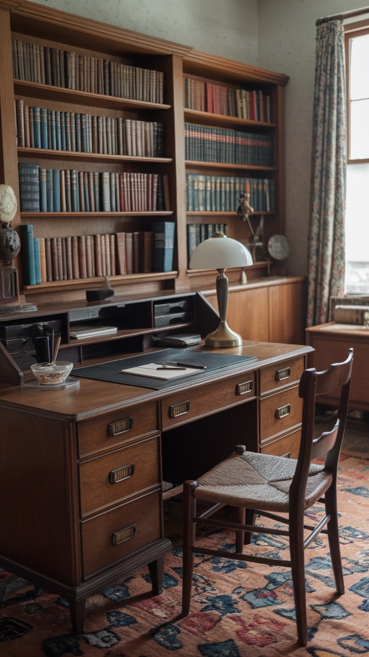 Step back in time with this vintage home office, where the warmth of aged wood and the charm of retro details create a haven of productivity. A curated collection of books, a perfectly worn wooden chair, and the soft glow of a desk lamp invite quiet contemplation and inspired creativity. The patterned rug adds a touch of playful sophistication to this perfectly imperfect workspace.