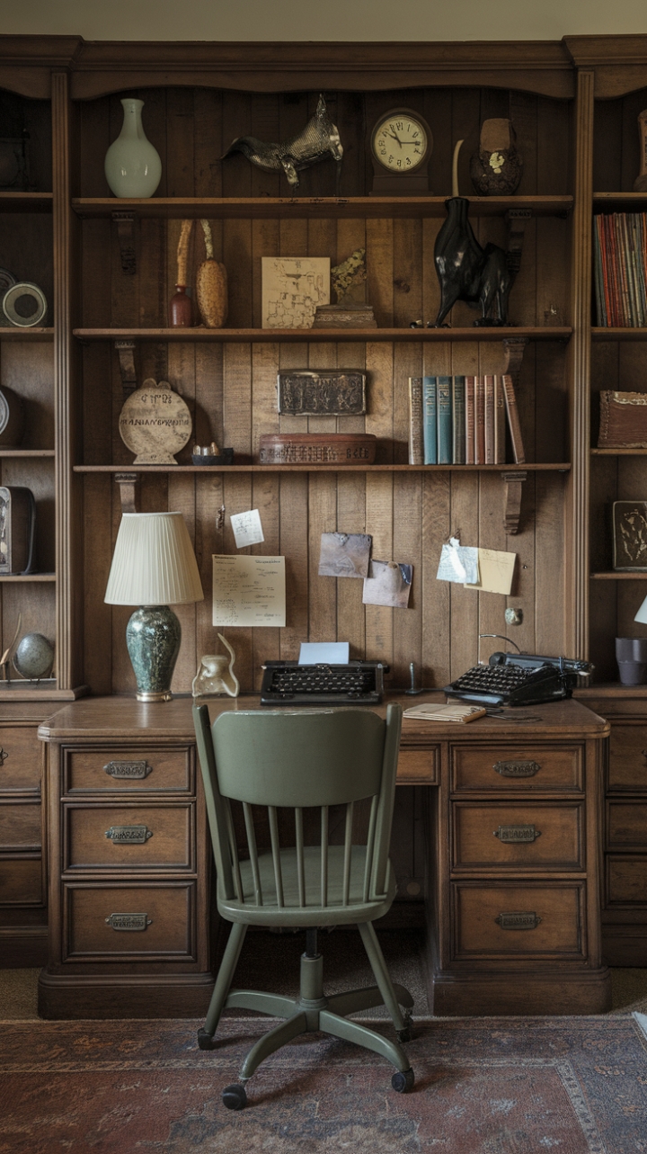 Step into a charming vintage workspace that exudes nostalgic warmth and timeless character. The rich wooden desk, paired with a classic green chair, invites you to imagine days gone by filled with creativity and focus. A vintage lamp casts a gentle glow over a typewriter, an old-fashioned phone, and a curated collection of books, each piece telling its own story. Wooden shelves lining the walls showcase an eclectic mix of decor—vases, a clock, and treasured trinkets—adding layers of personality to the space. A cozy rug anchors the room, enhancing its inviting atmosphere. This nostalgic retreat beautifully blends antique charm with a sense of comfort, making it a perfect sanctuary for inspiration and reflection.