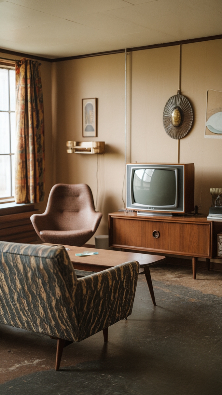 Step back in time with this mid-century modern dream. A patterned sofa takes center stage, its vintage charm perfectly complemented by a sleek coffee table and the warm glow of a classic wood-framed television. The curved chair adds a touch of playful sophistication, all set against a backdrop of calming beige walls and a rich, dark floor. Pure retro perfection.
