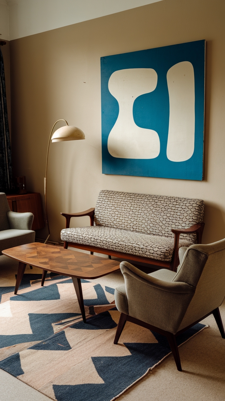 Escape to a world of curated vintage charm. This mid-century modern living room is a masterclass in retro elegance. The interplay of textures and patterns—from the richly hued sofa fabric to the geometric rug—creates a space that's both playful and refined. The calming beige walls provide the perfect backdrop for a striking piece of abstract art and a collection of carefully chosen vintage pieces, resulting in a space that's effortlessly chic and undeniably timeless.