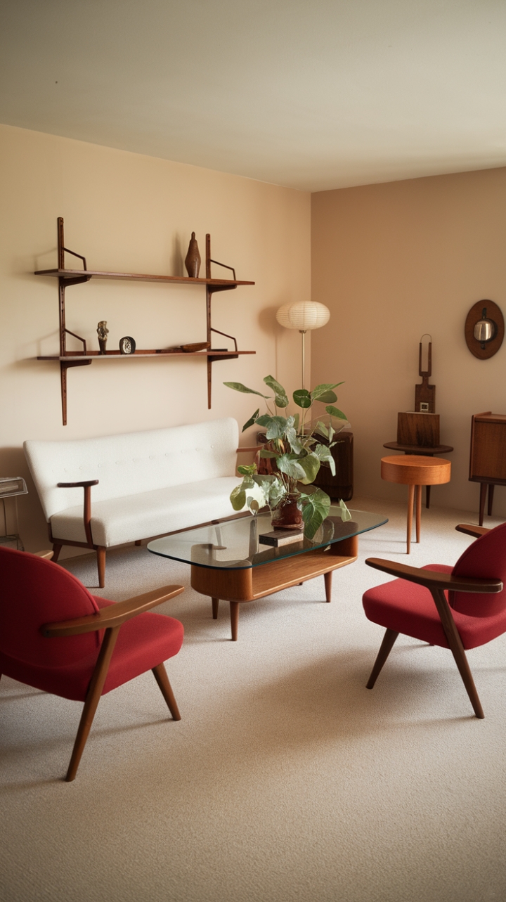 Step back in time with this breathtaking mid-century modern living room, where clean lines meet vibrant pops of color. The creamy beige walls provide a serene backdrop for a pristine white sofa, punctuated by the bold drama of two scarlet armchairs. A glass-topped coffee table, adorned with lush greenery, anchors the space, while carefully curated vintage accents whisper tales of a bygone era of sophisticated design. Atomic age elegance redefined.