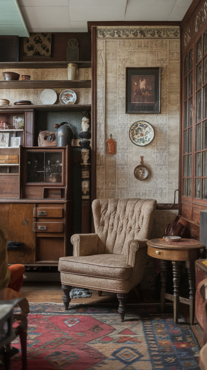 Immerse yourself in this eclectic vintage retreat, where every piece whispers stories of the past. The rich textures and carefully curated accessories create a cozy, inviting atmosphere that celebrates retro sophistication. The mix of antique furniture and nostalgic decor crafts a warm, lived-in feel, making this room a true sanctuary of style and history.