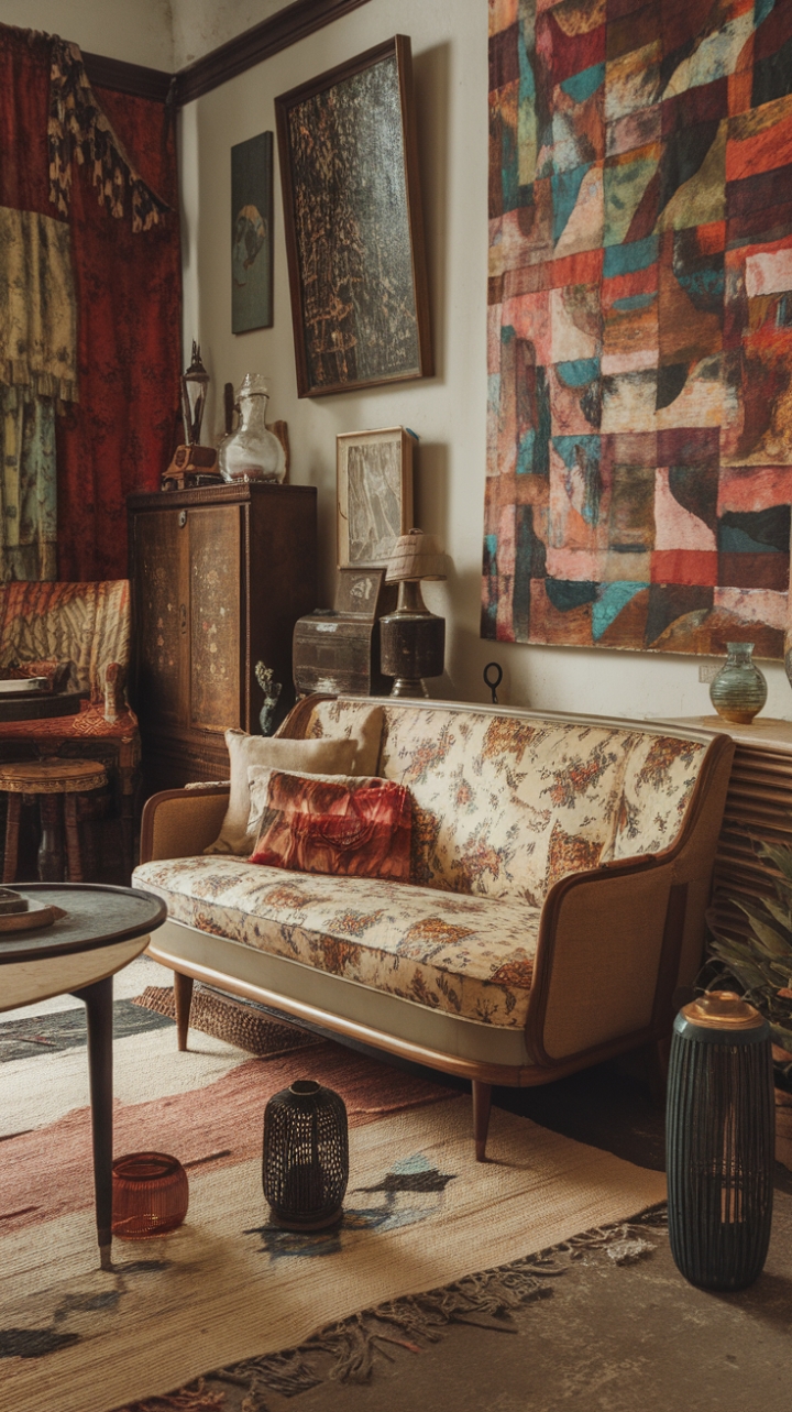 Unleash your inner bohemian in this captivating vintage-inspired retreat. Rich textures, from the intricately patterned rug to the plush floral sofa, intertwine with antique accents and bold artwork. A symphony of color and pattern creates a space that's both inviting and utterly unique, a testament to the enduring allure of retro chic. Discover the magic of curated eclecticism in this unforgettable room.