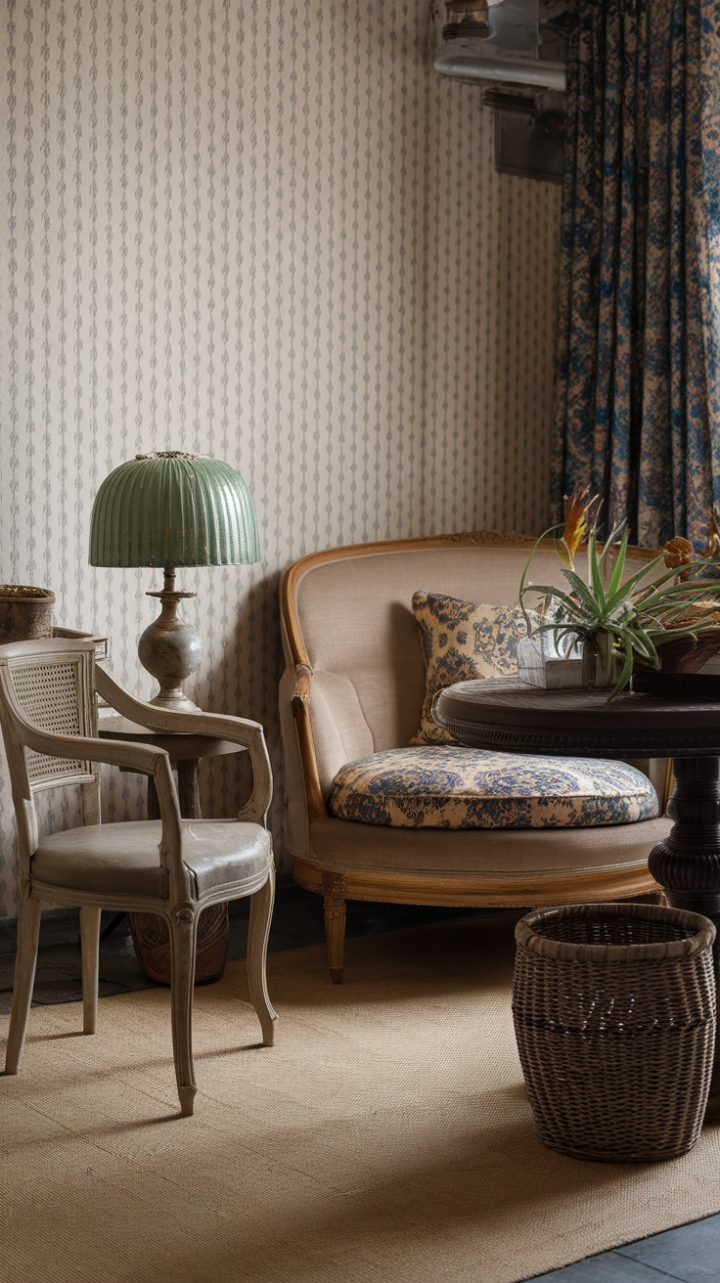 Uncover a world of vintage allure in this exquisitely styled room. Rich textures and patterns dance together—from the patterned wallpaper to the plush beige sofa and its eclectic companion, a charming vintage chair. A dark wood table, topped with a captivating vintage lamp, adds a touch of old-world elegance. Woven accents and a weathered plant pot complete the scene, creating a space brimming with character and timeless appeal. The soft beige rug grounds the room, inviting you to sink into its captivating embrace.
