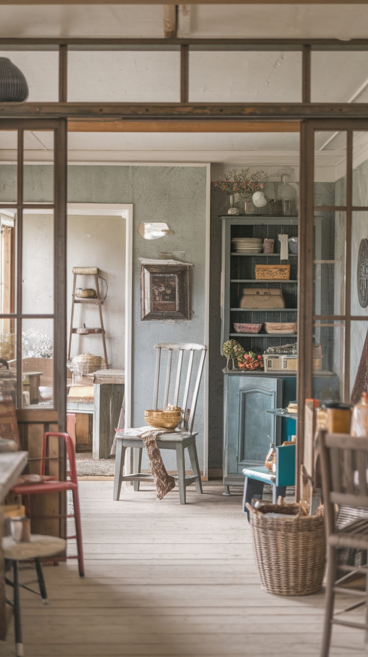 Embrace the imperfect perfection of this shabby-chic farmhouse. Scratched walls and vintage furniture tell a story of enduring style, while carefully curated accents—a rustic ladder, a worn wooden chair, a charming basket—add layers of depth and character. This isn't just a home; it's a sanctuary of nostalgic charm, where retro and rustic elements intertwine to create a space both inviting and utterly unique.